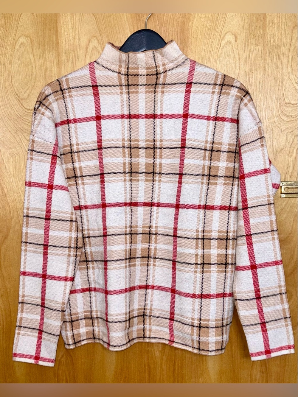 Tahari Beige, Cream & Red Plaid Cowl Neck Sweater